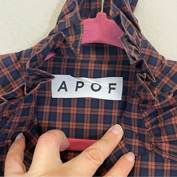 Tuckernuck‎ APOF Navy Plaid Ruffle High Neck Button Down Shirt Size XS - Picture 2 of 9